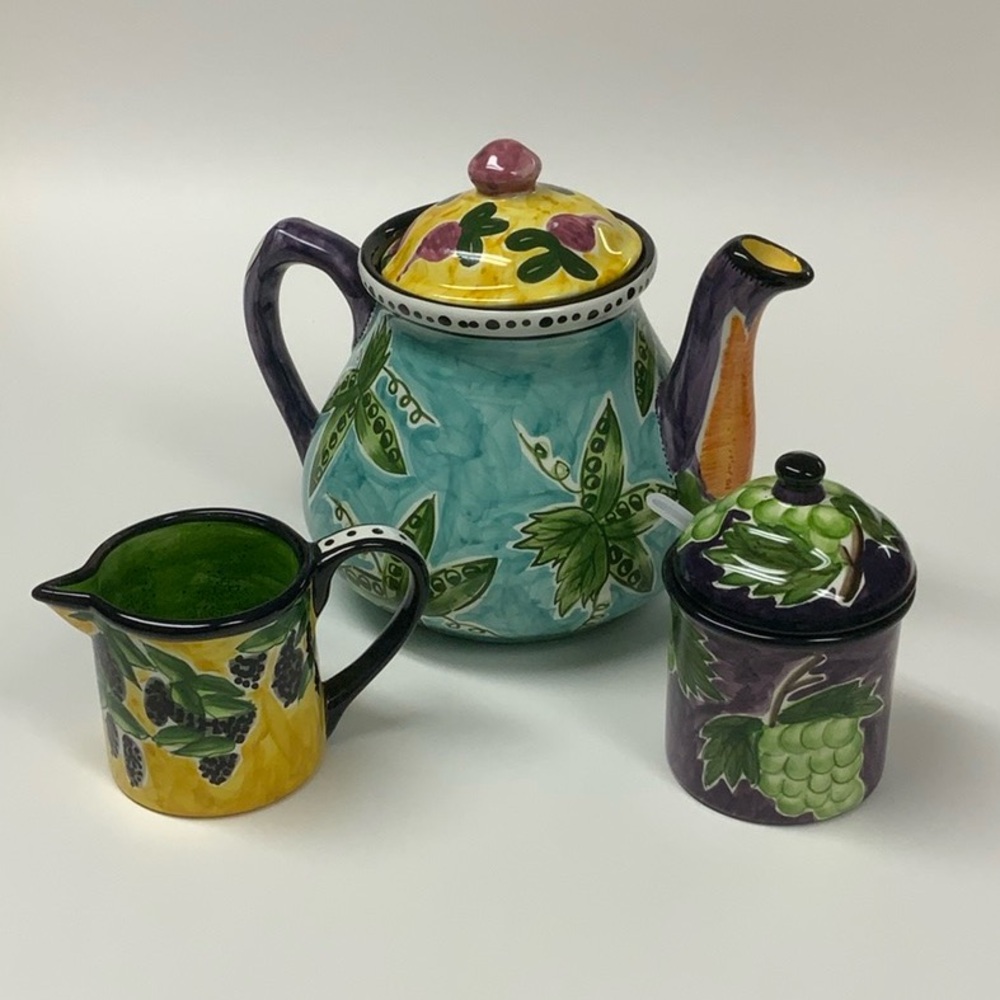 Vintage 2000 CBK tea set fruits and vegetable Pattern Signed S Purifoy